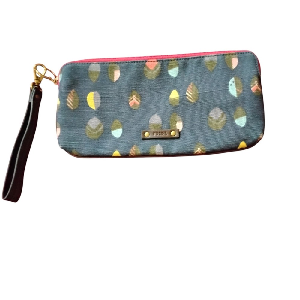 Fossil Teal Blue Canvas Acorn Print Wristlet Clutch Bag with Leather Strap